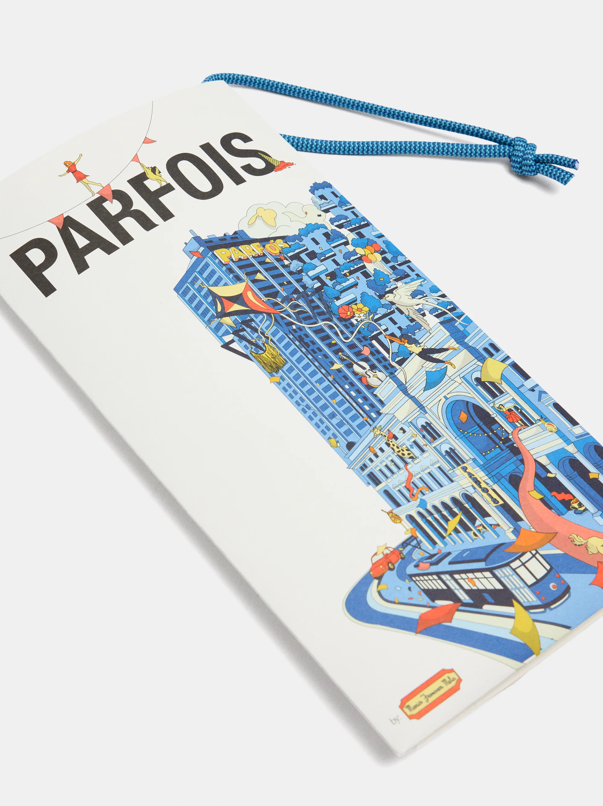 The Milan scarf in its illustrated sleeve, red cord attached
