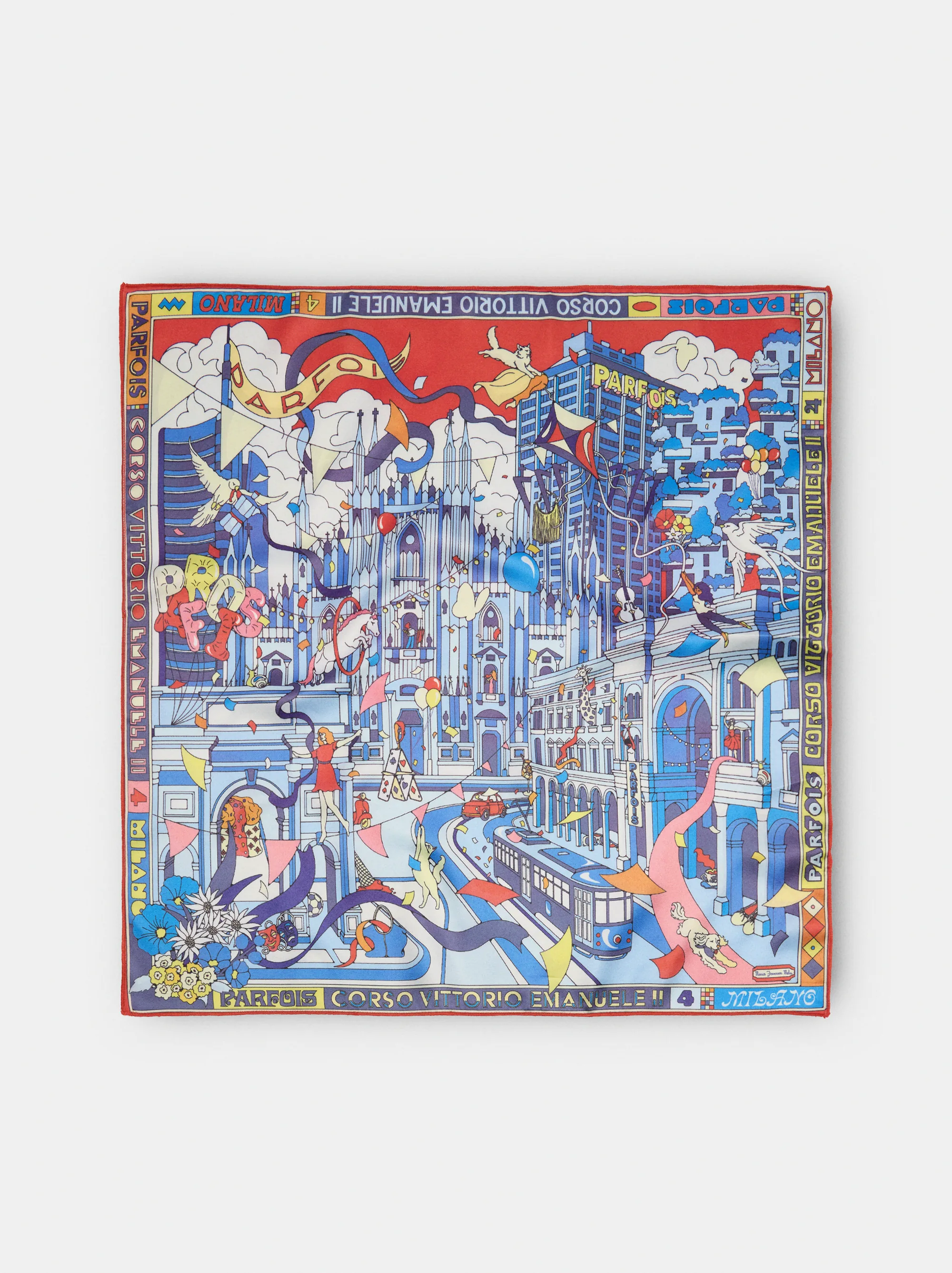 The scarf laid flat: the whole illustration, framed by a red border