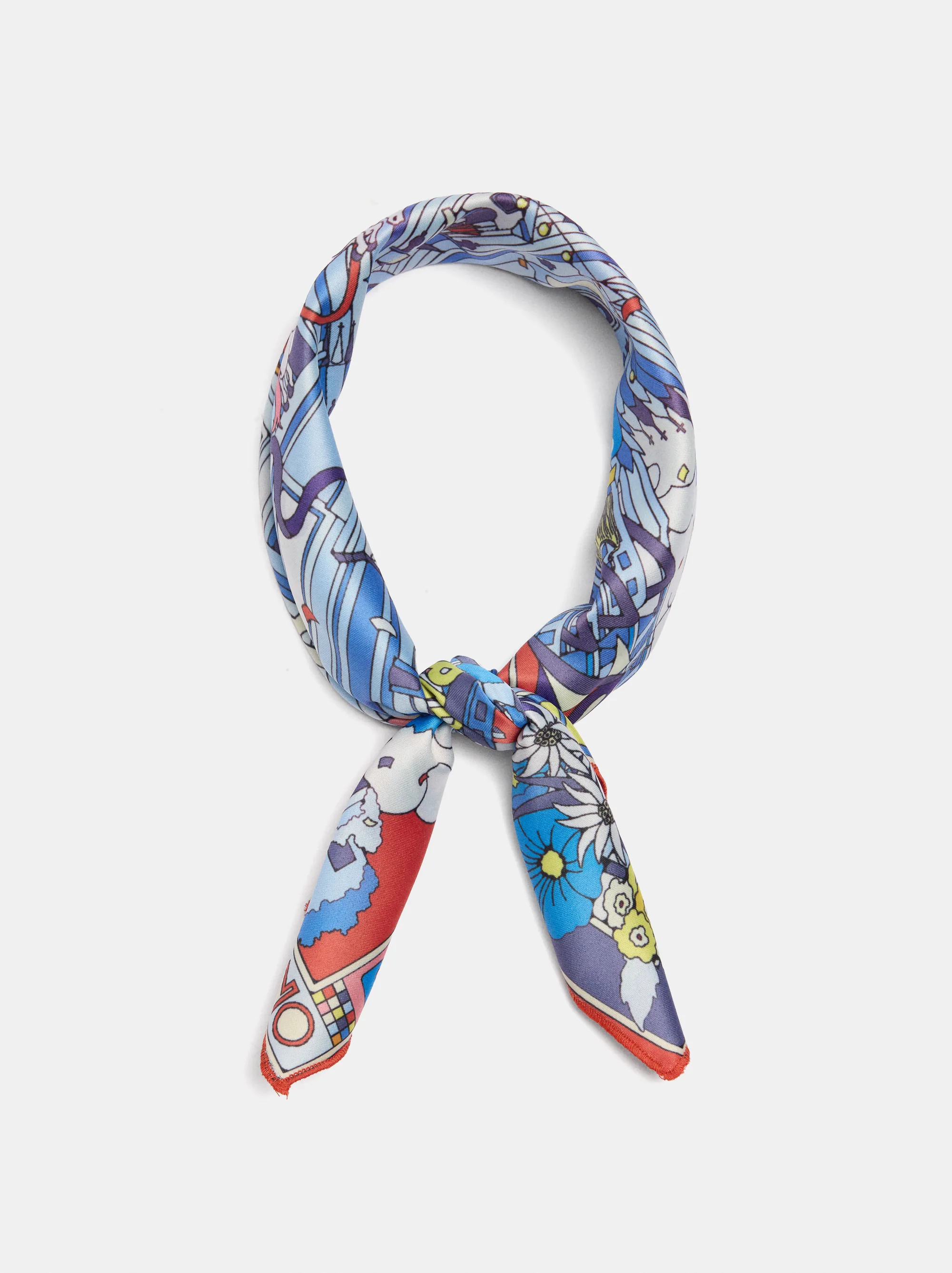 The scarf knotted, showing the blue and floral half